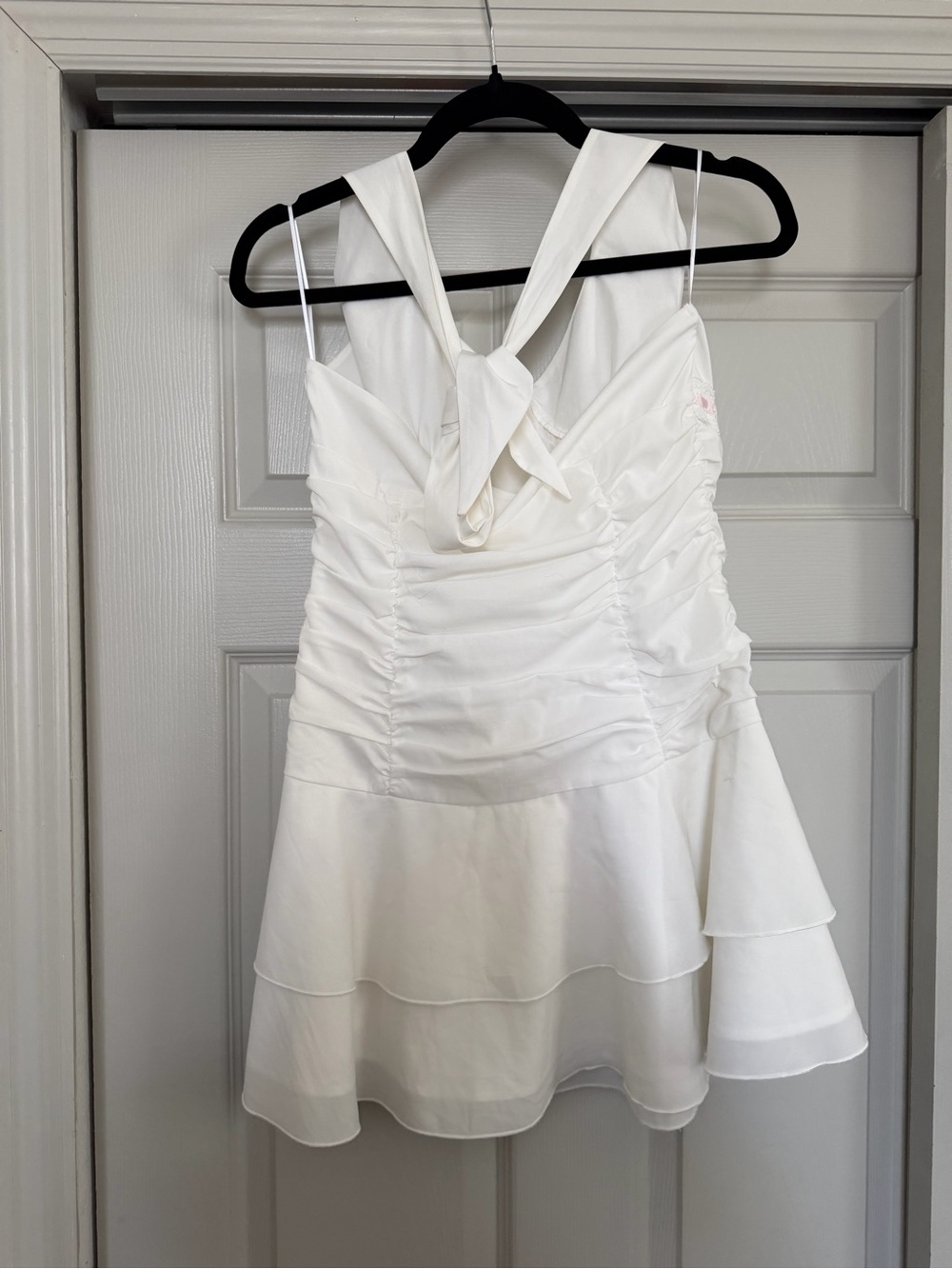Peppermayo White Halter Ruched Mini Dress with Ruffle Hem - Picture 4 of 5